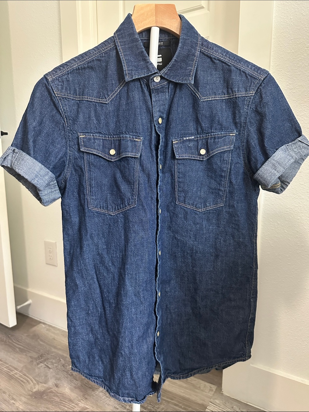 G-Star RAW 3301 Slim Fit Short Sleeve Denim Western Snap Shirt XS